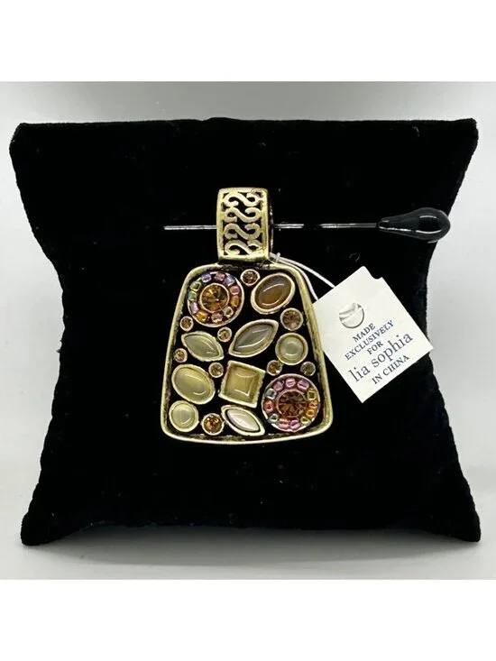 Lia Sophia Tapestry Slide Pendant Antique Gold Tone Gemstone Crystal Boho Ornate - Picture 2 of 7